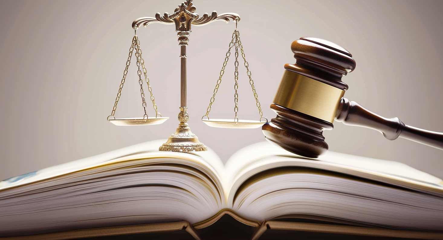 Opened law book with scales and hammer