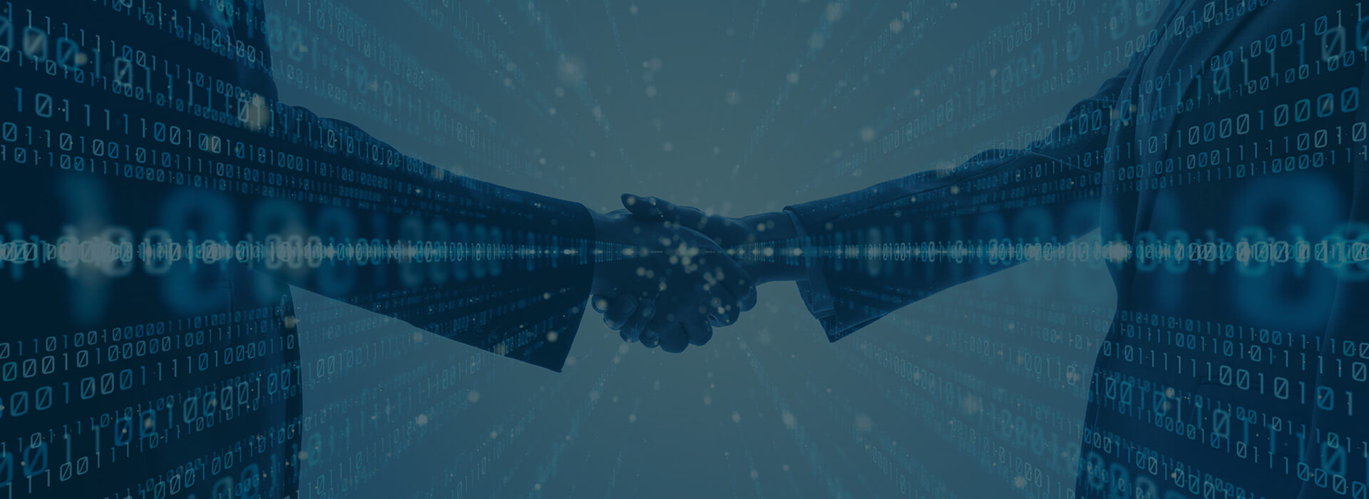 Handshake zwischen zwei Personen mit Visualisierung von Digitalisierung mit blauem Overlay 