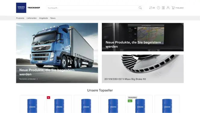  Screenshot der Volvo Truckshop-Website, zeigt einen Volvo-LKW mit dem Text 'Neue Produkte, die Sie begeistern werden'. Weitere Produktbilder und Top-Seller-Produkte sind ebenfalls zu sehen. 
