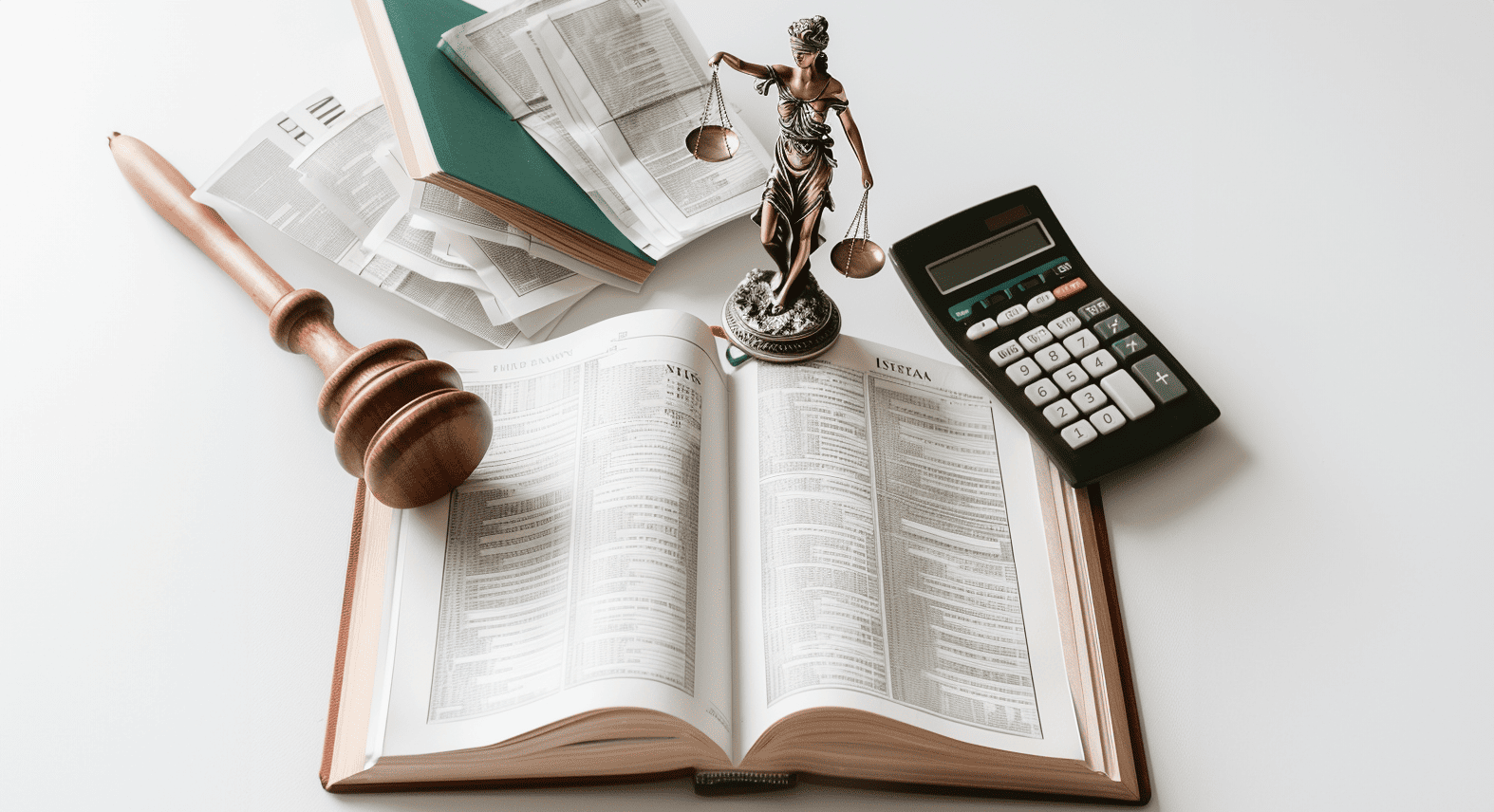 Law book with hammer, calculator and Justitia