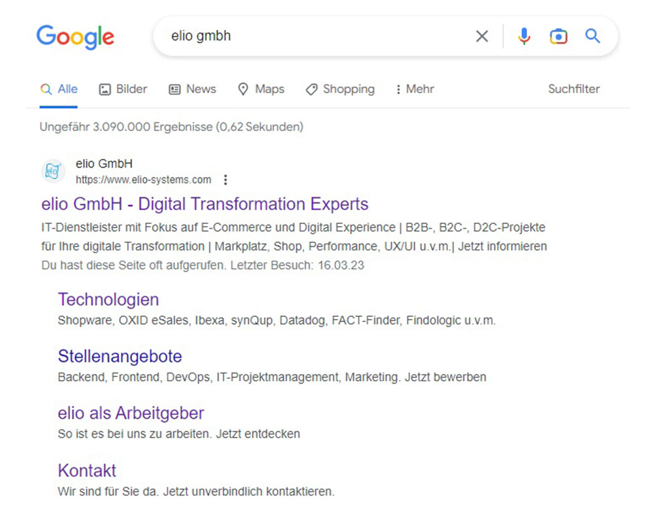 SEO-SERP Screenshot of a SERP with search query elio gmbh
