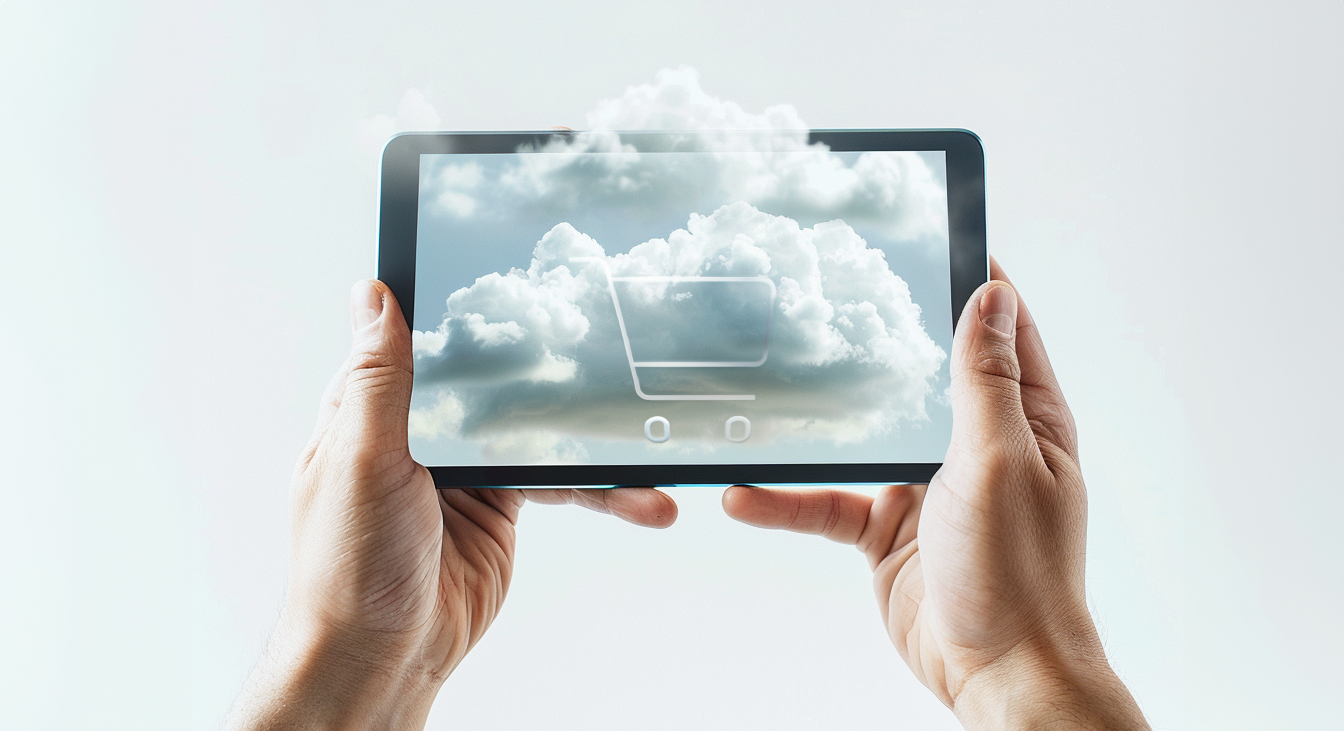 Zwei Hände halten ein Tablet mit Wolken