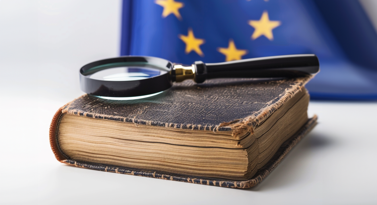Old law book with magnifying glass and European flag in the background